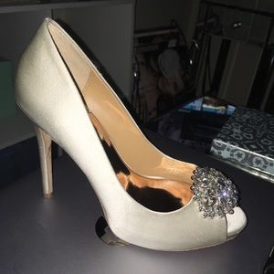 White satin badgley mischka jeweled heels